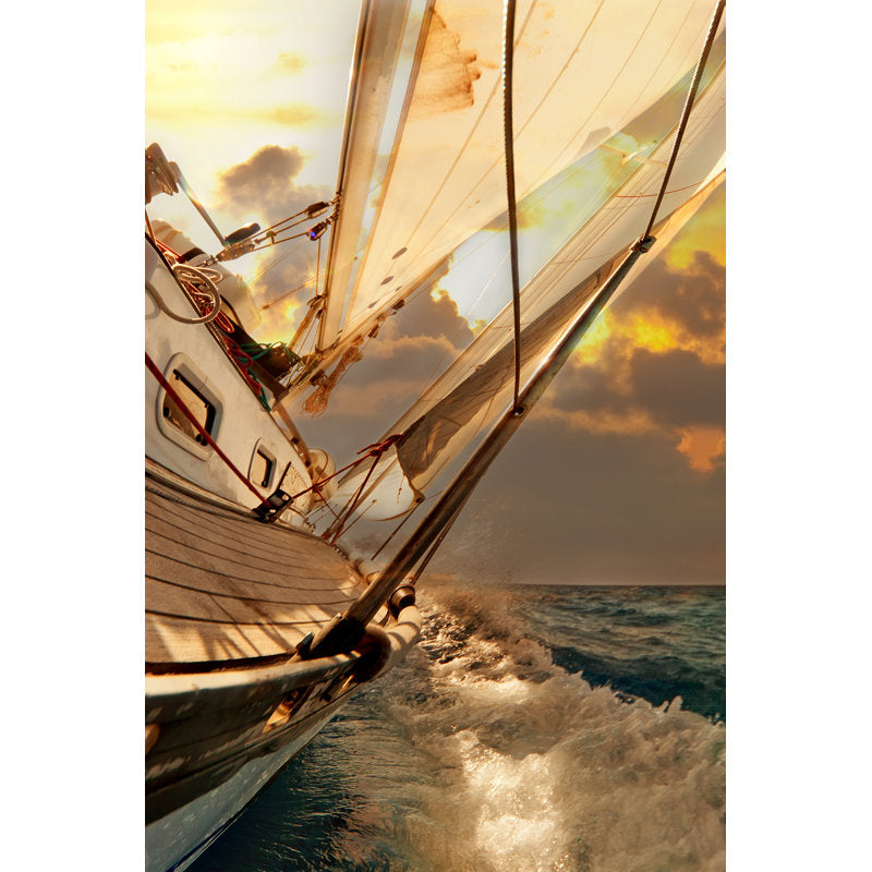 Dynamic Oil Painting of a Sailboat Gliding Through Serene Sunset Waters