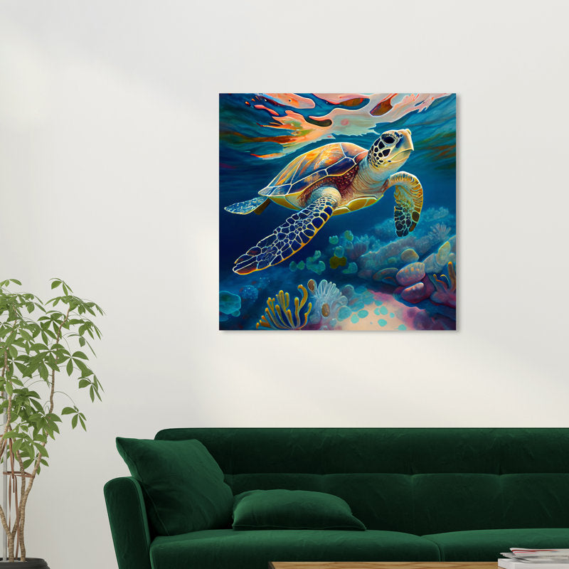 Vibrant Sea Turtle Oil Painting – Underwater Art for Ocean Lovers