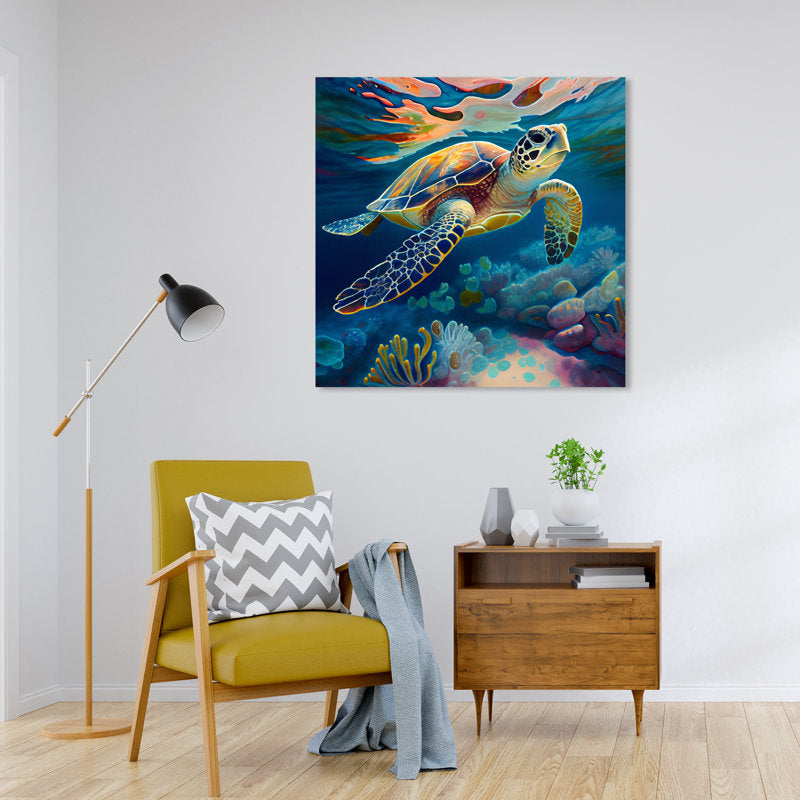 Vibrant Sea Turtle Oil Painting – Underwater Art for Ocean Lovers