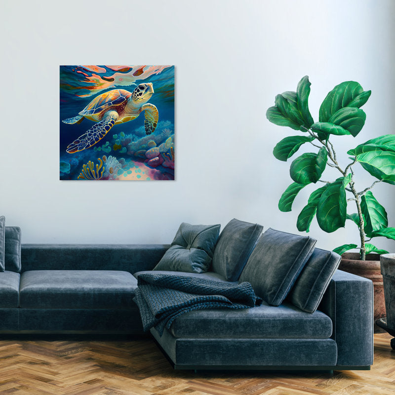 Vibrant Sea Turtle Oil Painting – Underwater Art for Ocean Lovers