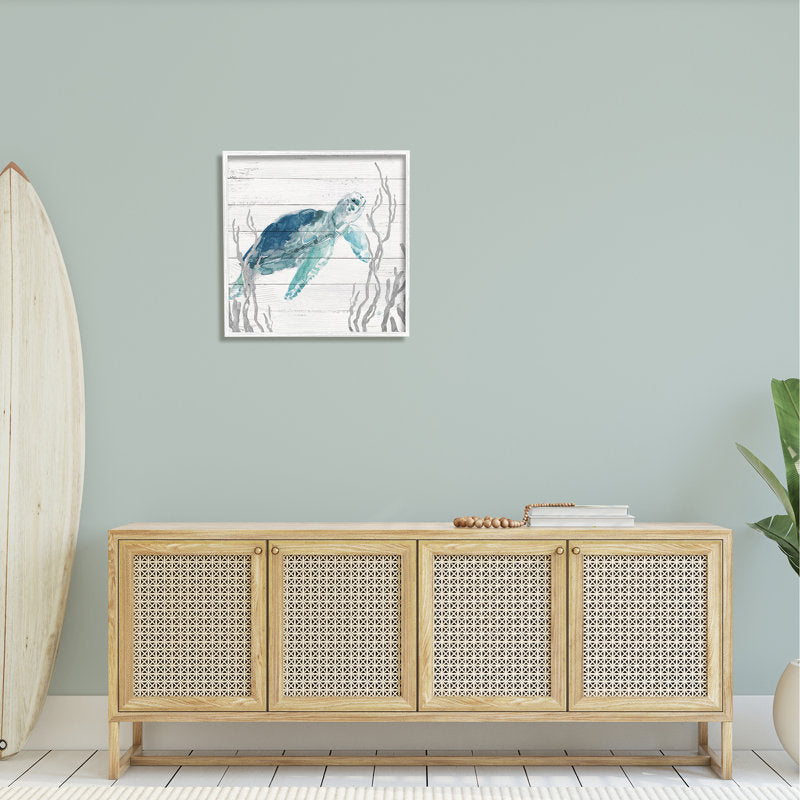 Rustic Sea Turtle Art Print with Ocean Botanicals on Plank Background