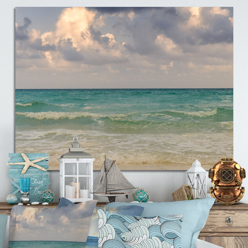 Dramatic Seascape with Turquoise Waves and Cloudy Sky Oil Painting Print