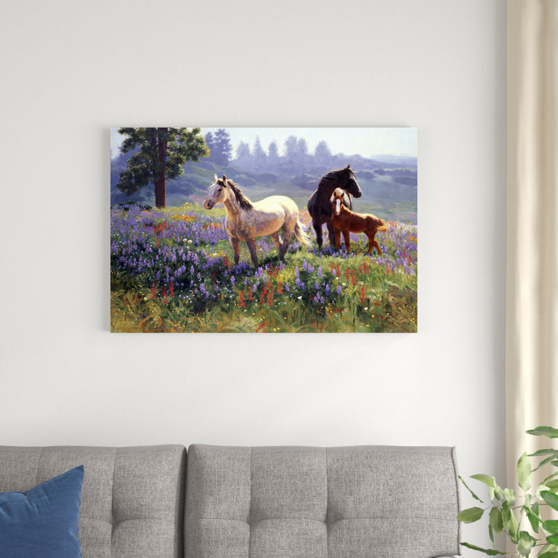 Serene Landscape with Horses in Blooming Wildflowers
