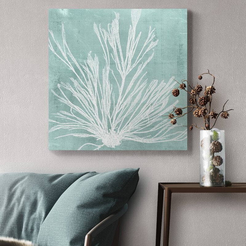 Elegant Aqua Seaweed Oil Painting for Coastal Home Décor