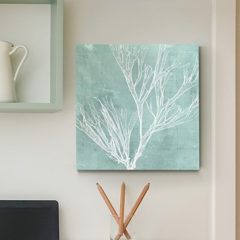 Elegant Seaweed Art on Aqua Background for Coastal Home Decor