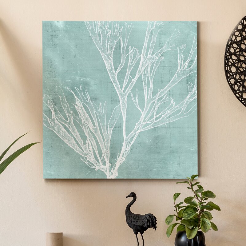 Elegant Seaweed Art on Aqua Background for Coastal Home Decor