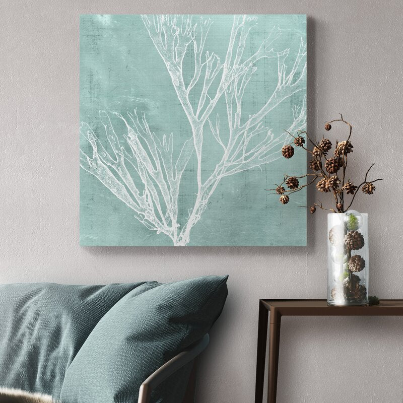 Elegant Seaweed Art on Aqua Background for Coastal Home Decor