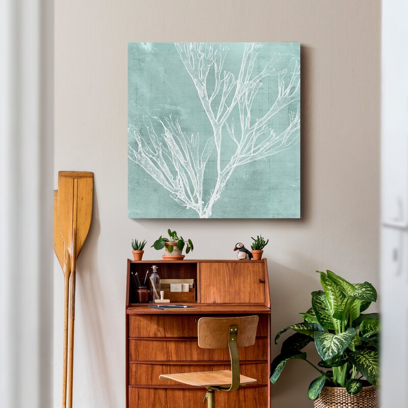 Elegant Seaweed Art on Aqua Background for Coastal Home Decor