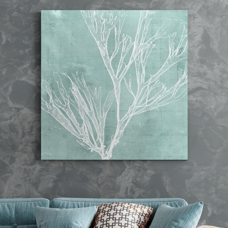 Elegant Seaweed Art on Aqua Background for Coastal Home Decor