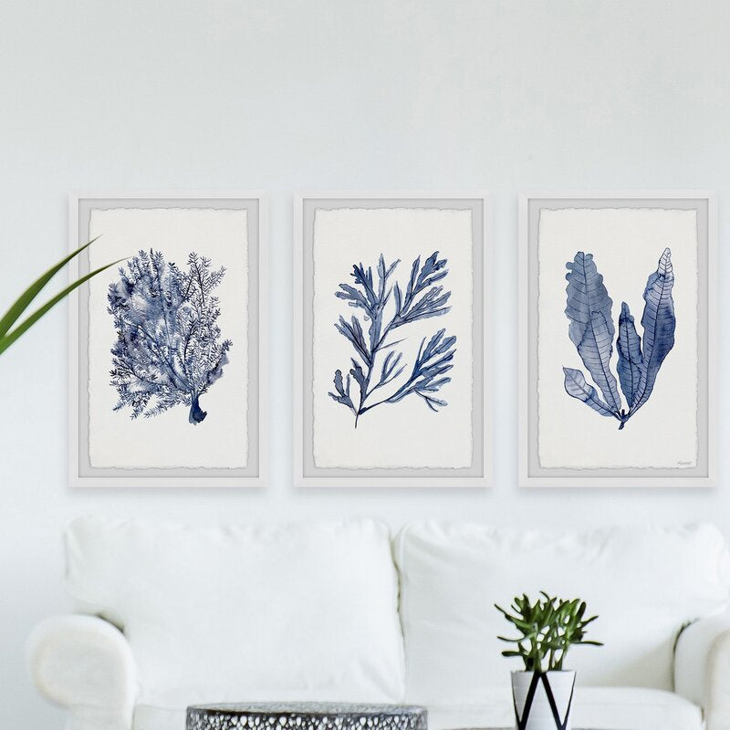 Elegant Seaweed Triptych Oil Painting for Beachy Home Decor