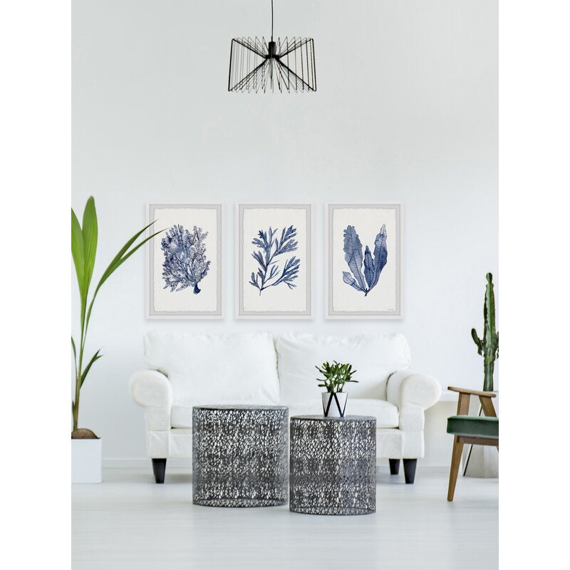 Elegant Seaweed Triptych Oil Painting for Beachy Home Decor