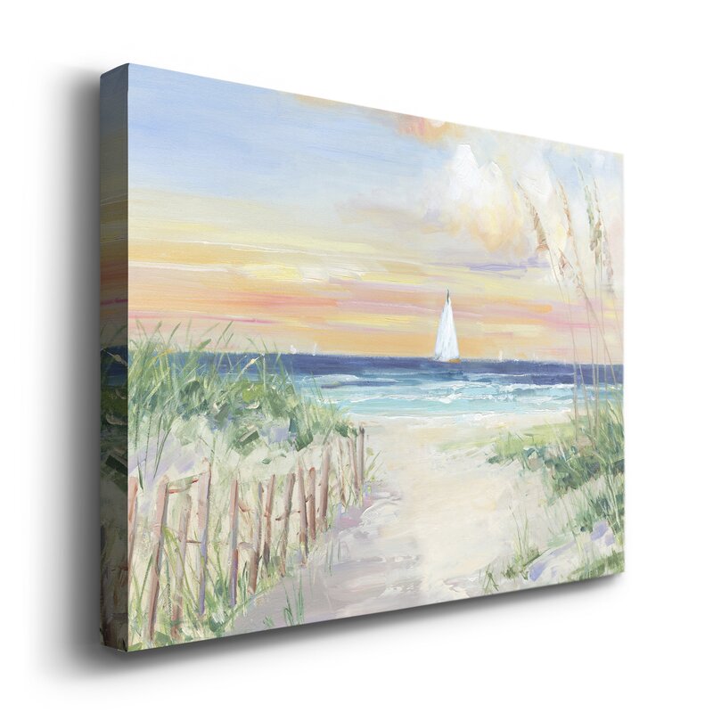 Serene Ocean View with Sailboat at Sunset - Coastal Landscape Oil Painting