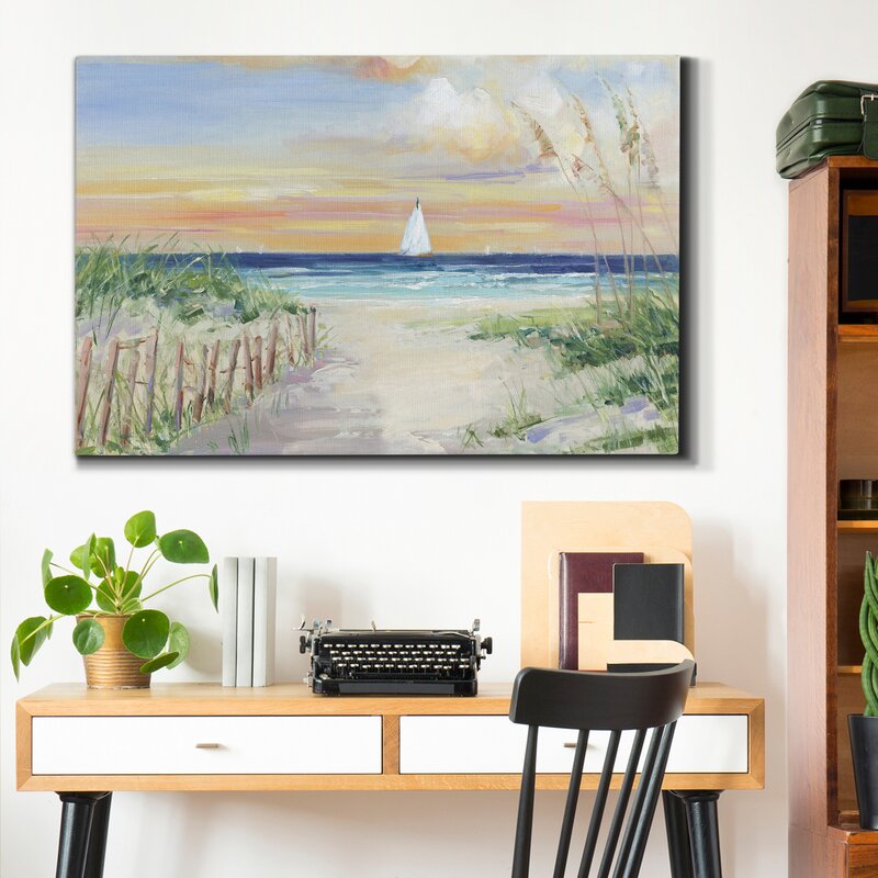 Serene Ocean View with Sailboat at Sunset - Coastal Landscape Oil Painting