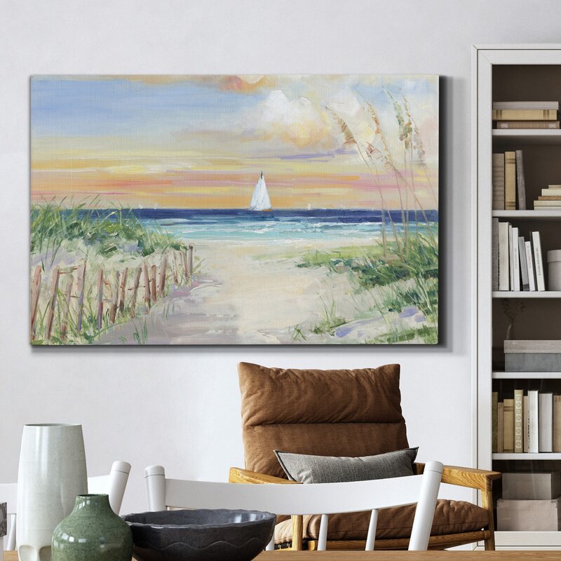 Serene Ocean View with Sailboat at Sunset - Coastal Landscape Oil Painting