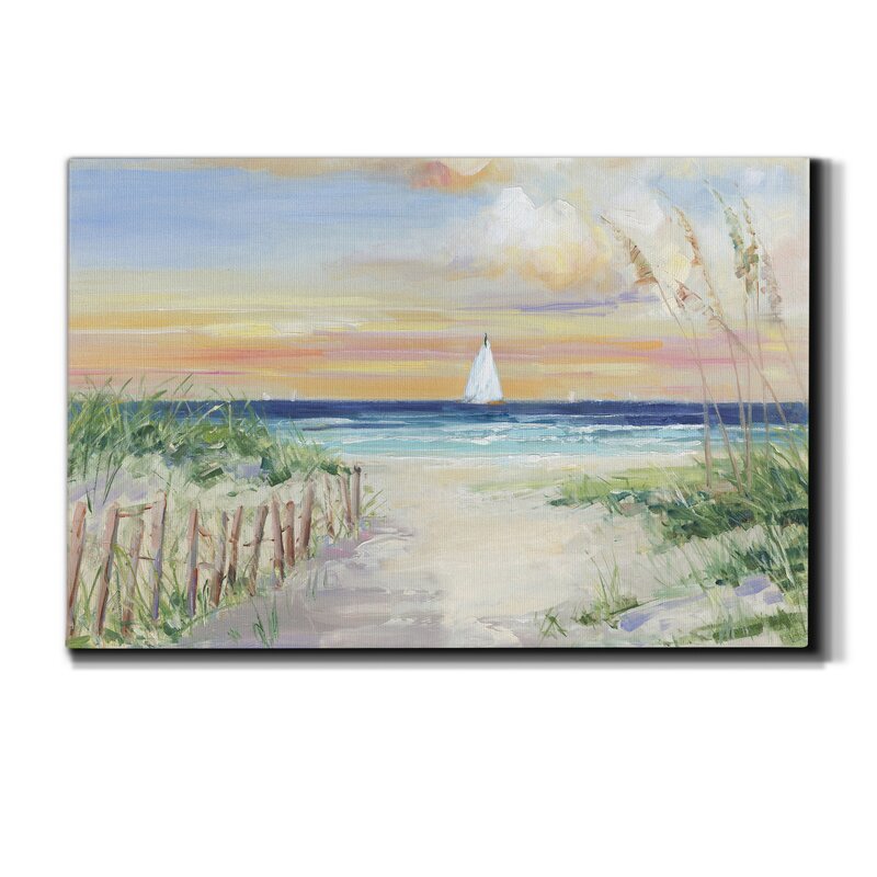Serene Ocean View with Sailboat at Sunset - Coastal Landscape Oil Painting