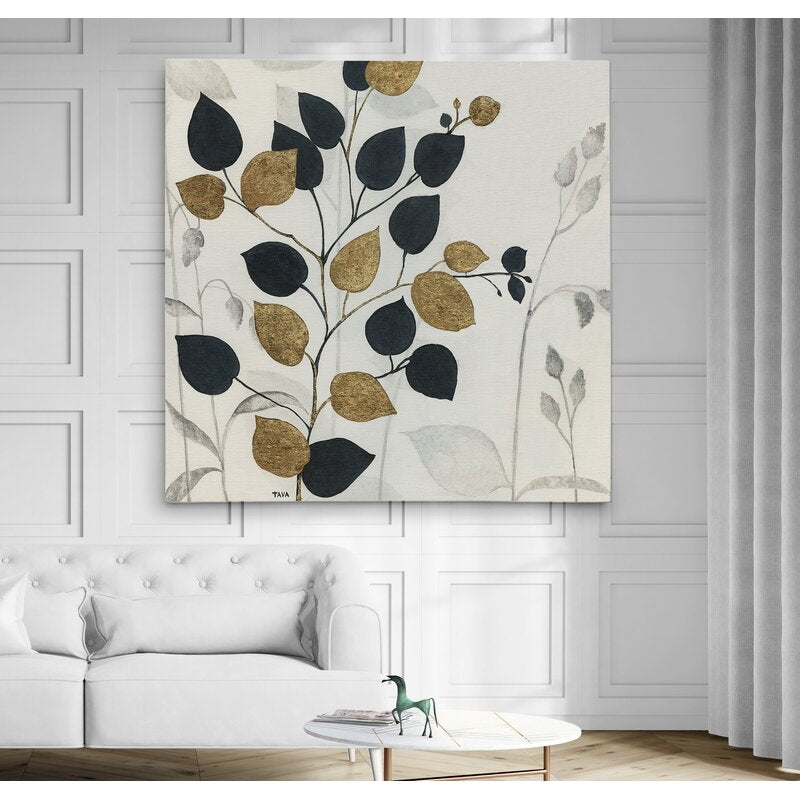 Elegant Gold and Black Leaf Silhouette Oil Painting for Modern Decor