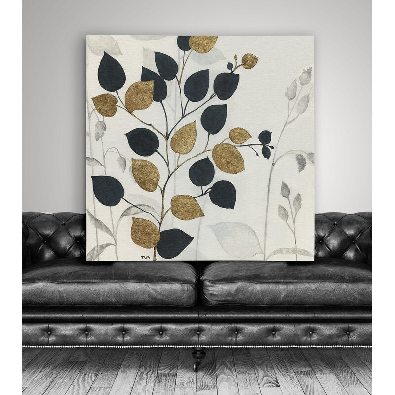Elegant Gold and Black Leaf Silhouette Oil Painting for Modern Decor