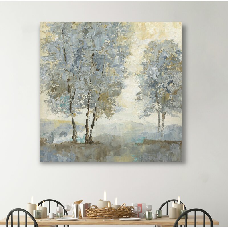Tranquil Serenity Abstract Oil Painting of Trees in Soft Blue and Earthy Tones