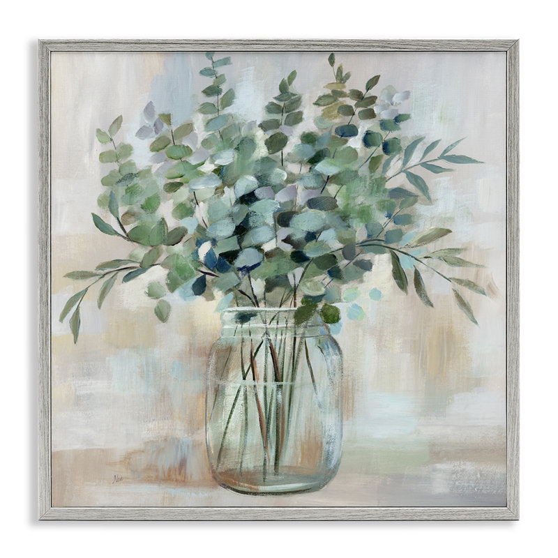 Rustic Eucalyptus Floral Arrangement in Glass Jar - Serene Oil Painting Decor