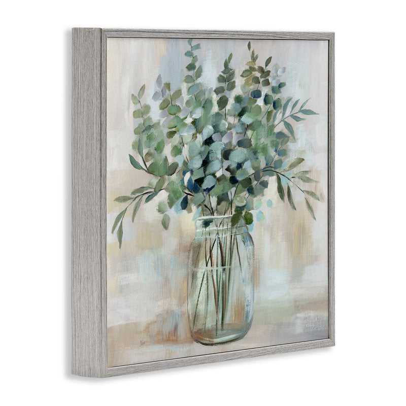 Rustic Eucalyptus Floral Arrangement in Glass Jar - Serene Oil Painting Decor