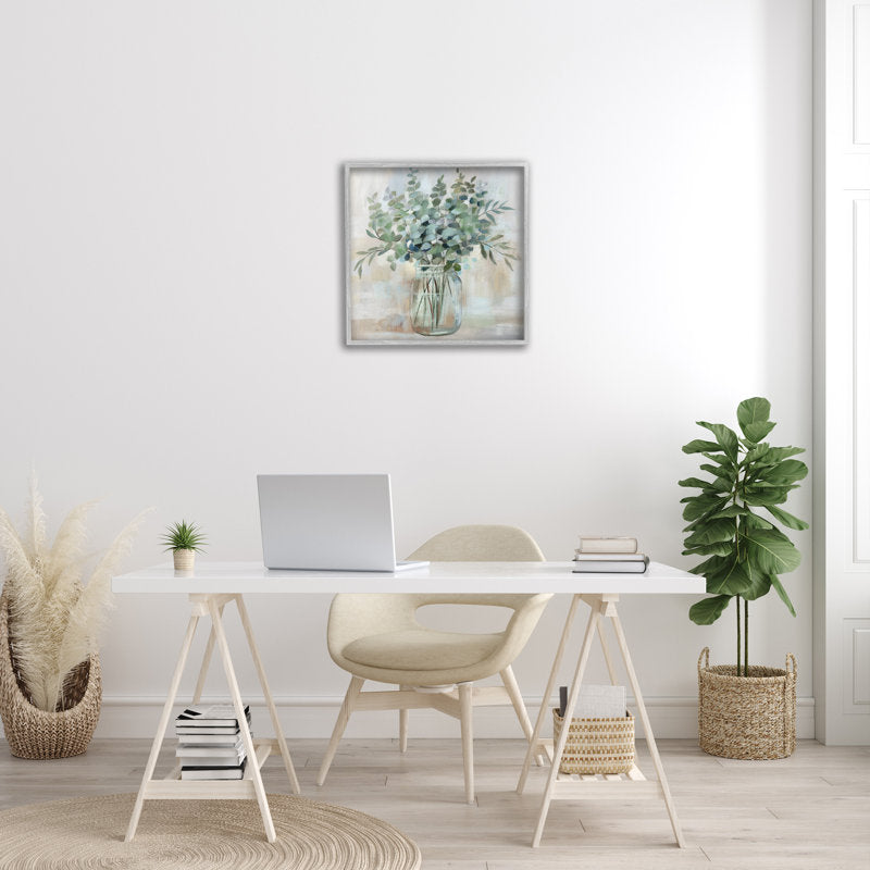 Rustic Eucalyptus Floral Arrangement in Glass Jar - Serene Oil Painting Decor