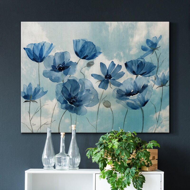 Blue Floral Serenity: Elegant Oil Painting of Blossoming Flowers