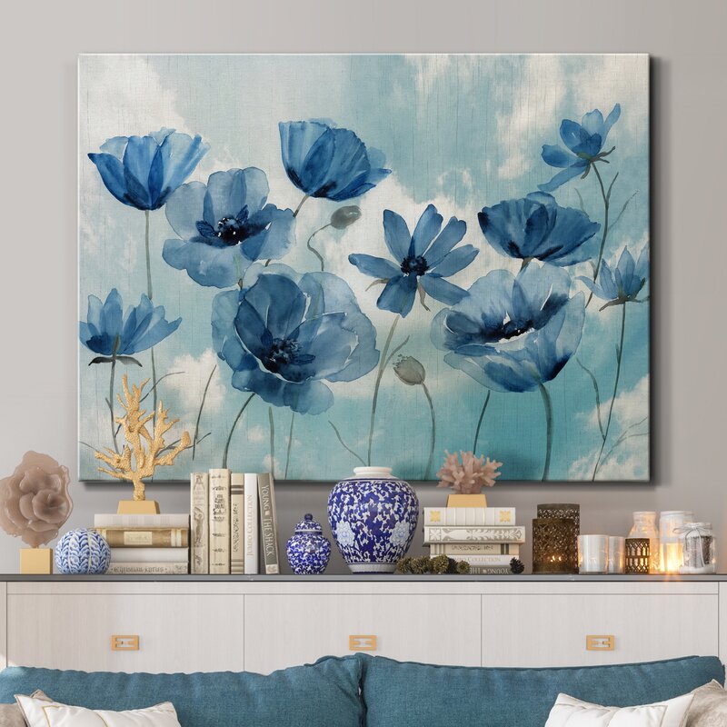 Blue Floral Serenity: Elegant Oil Painting of Blossoming Flowers