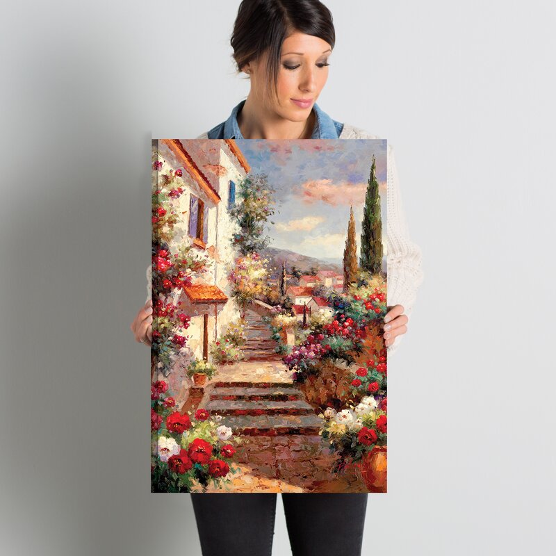 Charming Oil Painting of Flowering Bouquets on a Scenic Garden Stairway