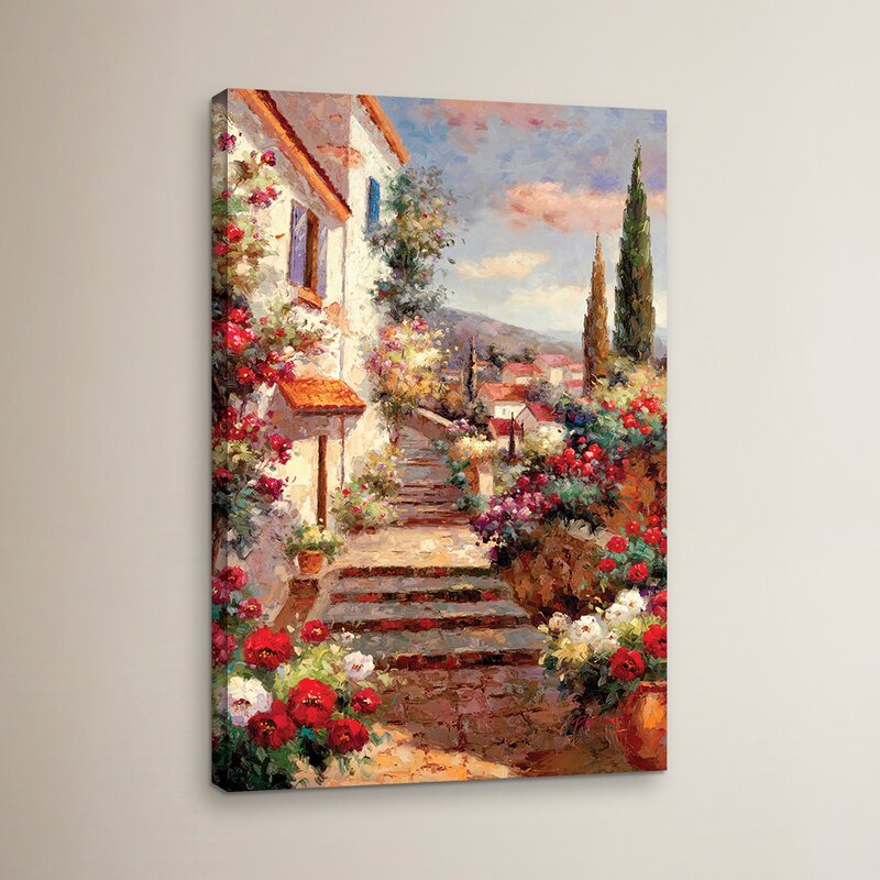 Charming Oil Painting of Flowering Bouquets on a Scenic Garden Stairway