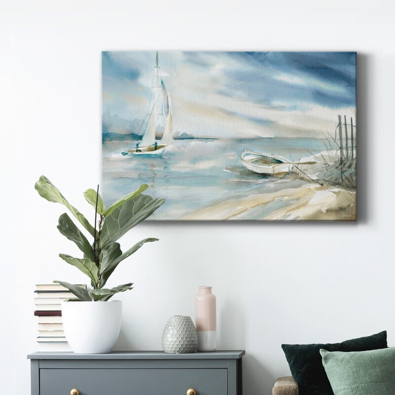 Serene Seascape Oil Painting with Sailboat and Tranquil Waters