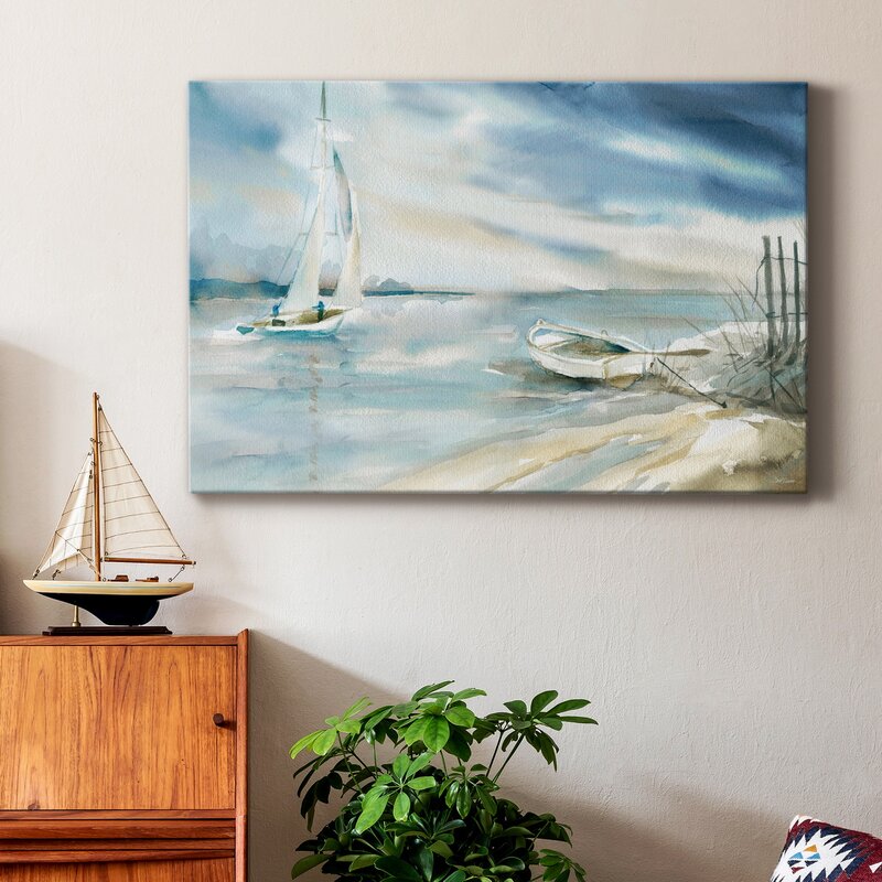 Serene Seascape Oil Painting with Sailboat and Tranquil Waters