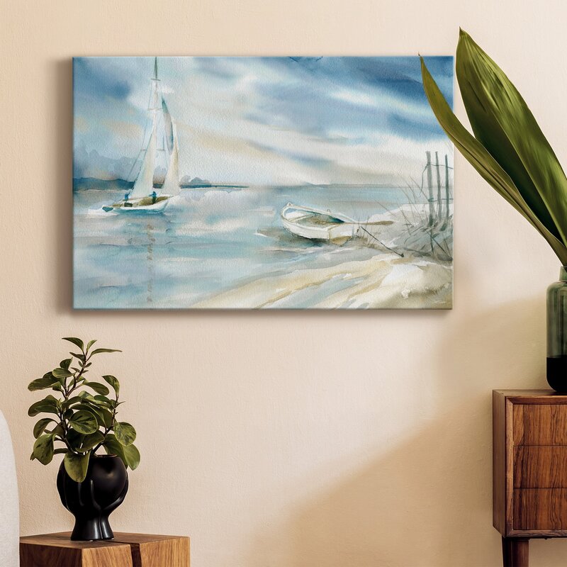 Serene Seascape Oil Painting with Sailboat and Tranquil Waters