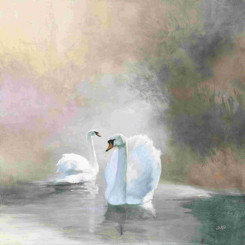 Serene Swans in Misty Water - Elegant Oil Painting Art Print for Home Decor