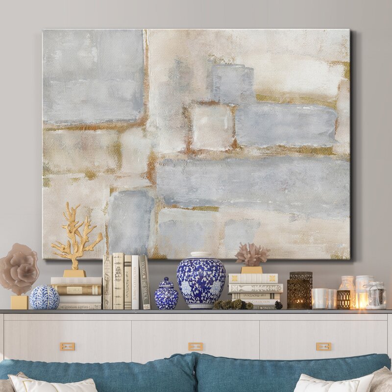 Elegant Abstract Oil Painting with Soft Blue and Neutral Tones for Home Decor