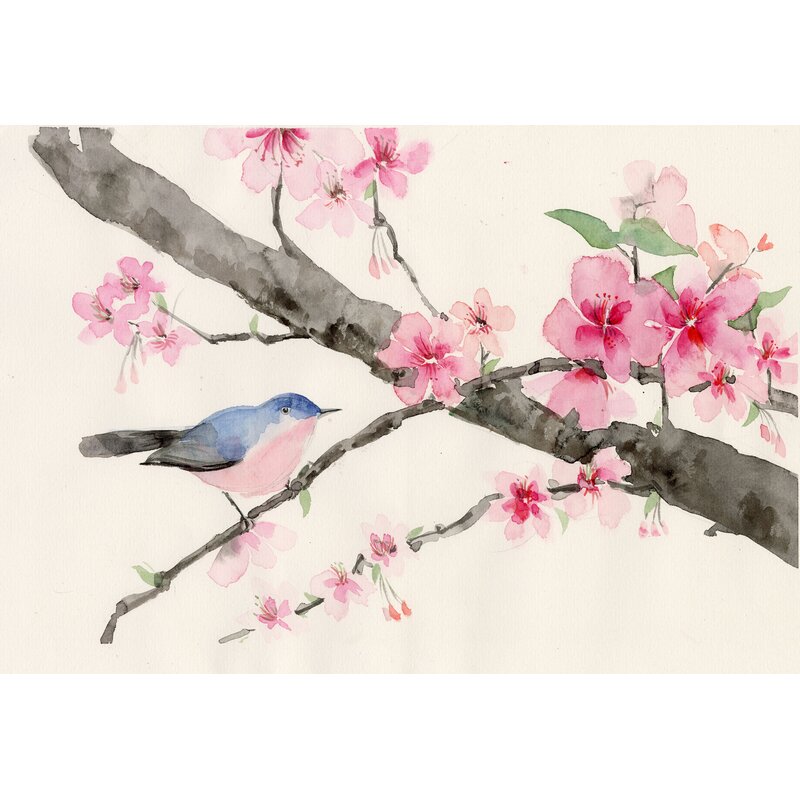 Blossoming Cherry Tree with Bird - Elegant Floral Oil Painting
