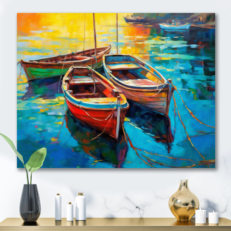 Vibrant Harbor Scene with Colorful Boats on Tranquil Water