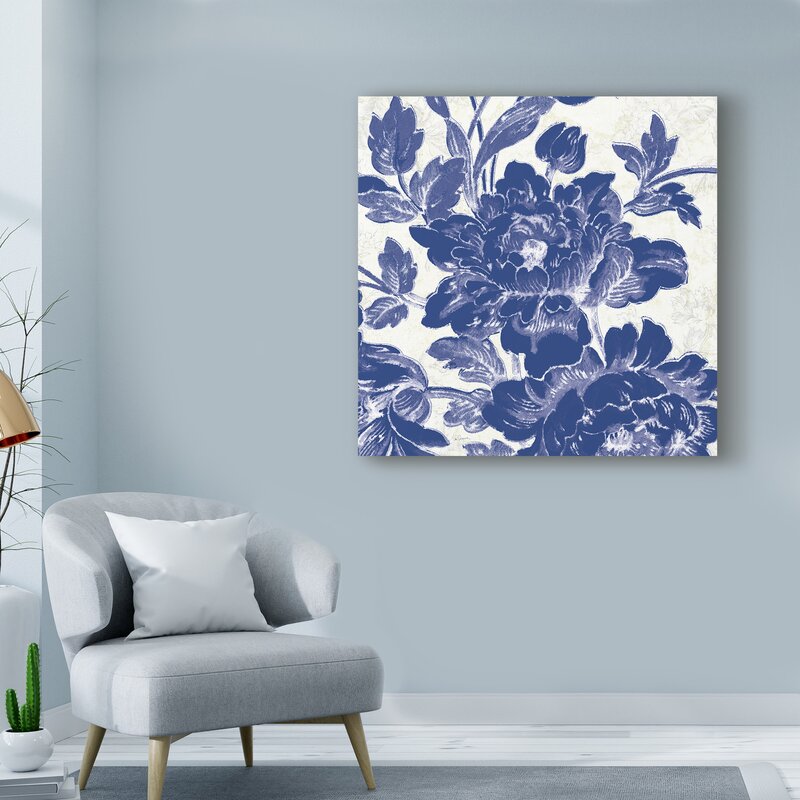 Indigo Toile Roses Floral Oil Painting