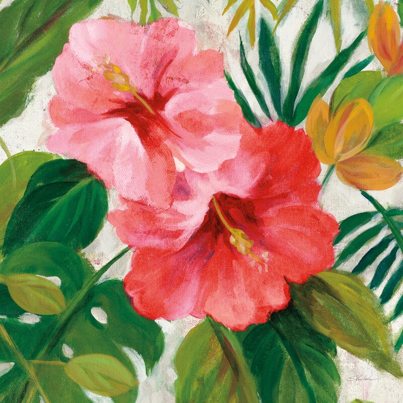 Vibrant Tropical Floral Oil Painting with Pink and Red Hibiscus Blooms