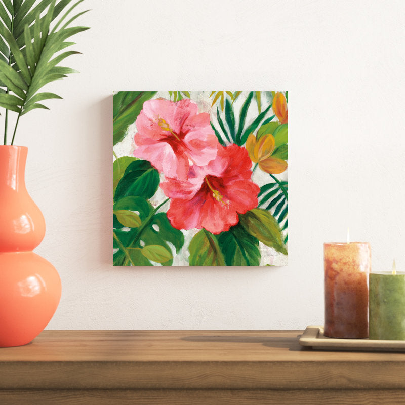 Vibrant Tropical Floral Oil Painting with Pink and Red Hibiscus Blooms