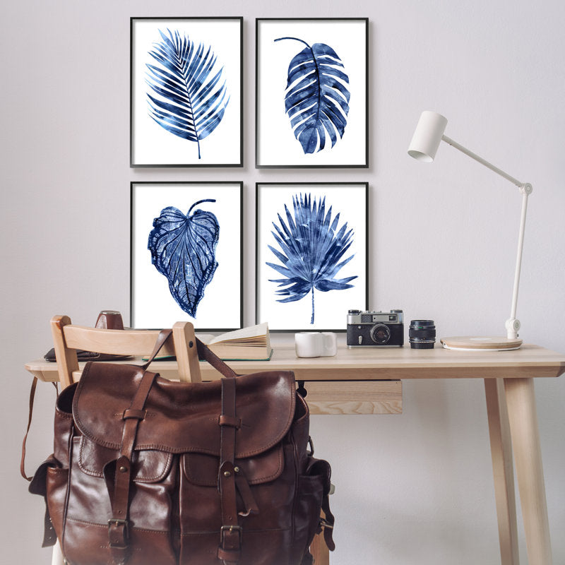 Elegant Blue Botanical Leaf Art Set for Modern Home Decor