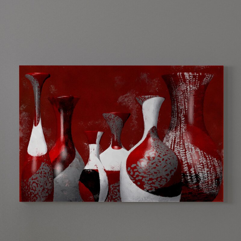 Contemporary Red and White Abstract Oil Painting of Elegant Vases