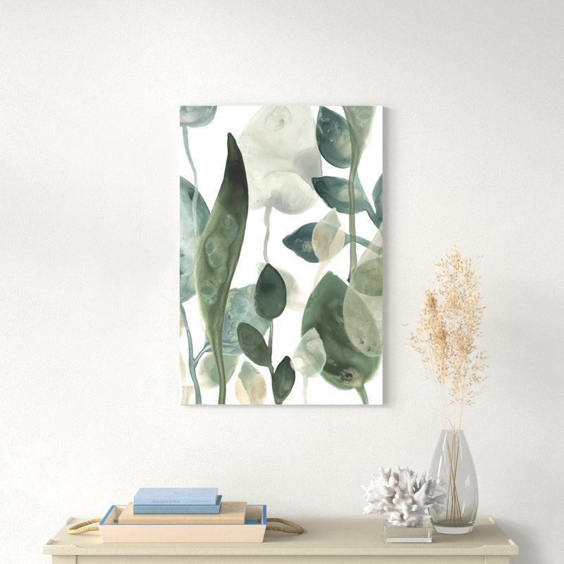 Botanical Serenity: Elegant Green Leaves Oil Painting for Modern Home Décor