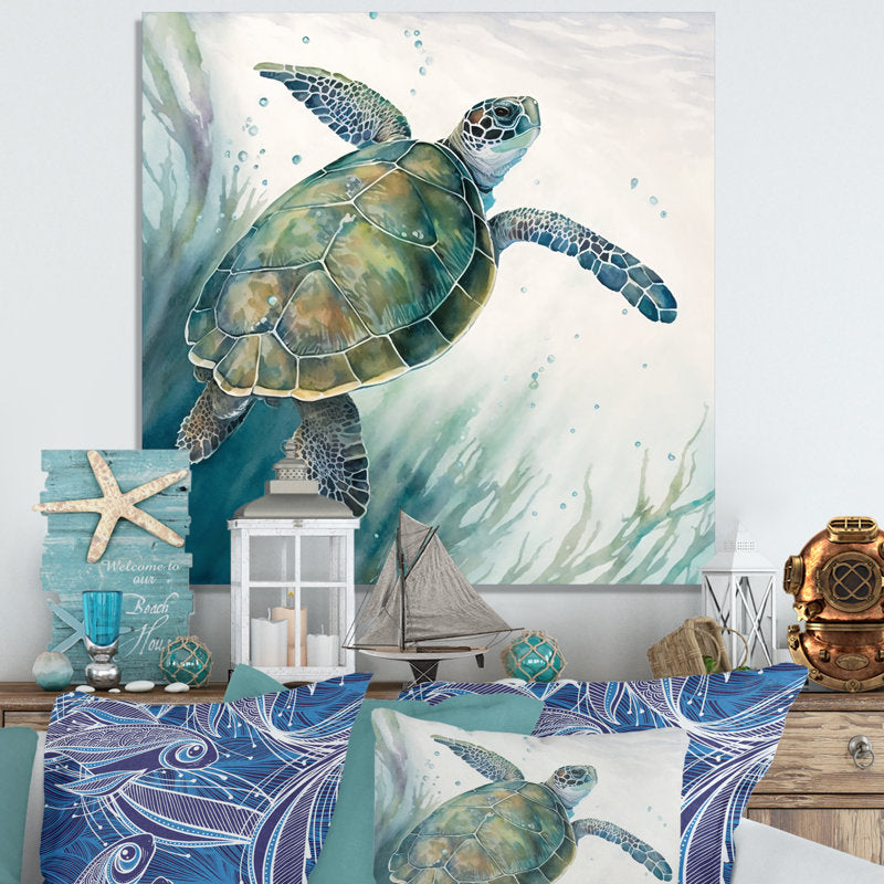 Graceful Turtle Swimming Beneath Waves - Vibrant Ocean Decor