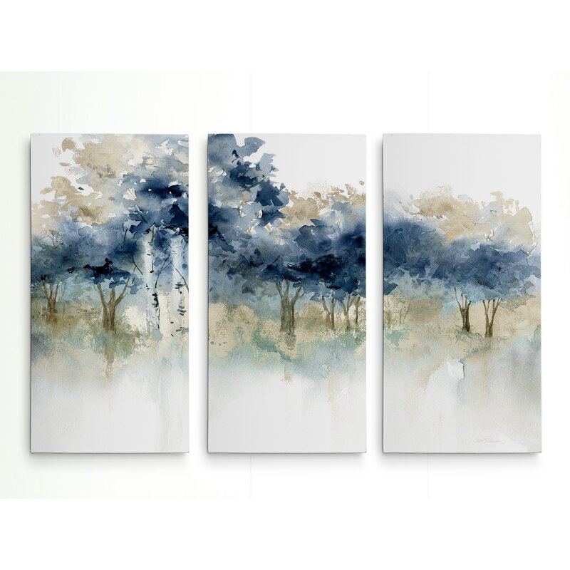 Serene Triptych Oil Painting of Tranquil Waters and Lush Blue Trees