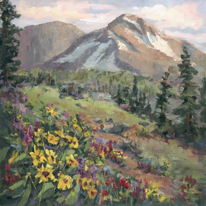 Serene Mountain Landscape with Vibrant Wildflowers Oil Painting