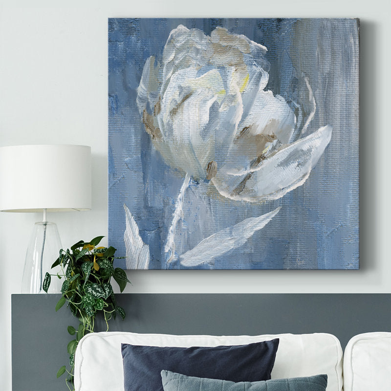 Elegant White Flower on Serene Blue Background - Handcrafted Oil Painting for Home Decor