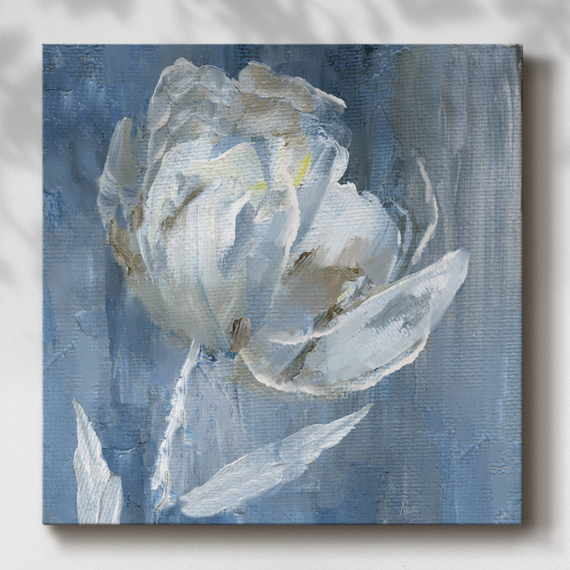 Elegant White Flower on Serene Blue Background - Handcrafted Oil Painting for Home Decor