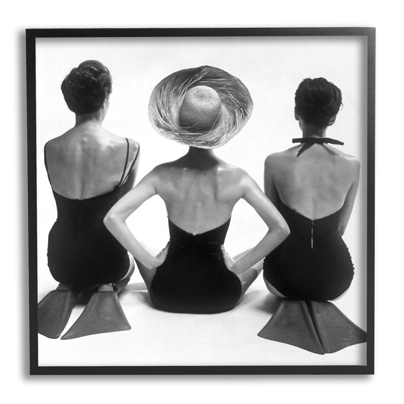 Chic Monochrome Women at the Beach in Elegant Swimwear and Hats