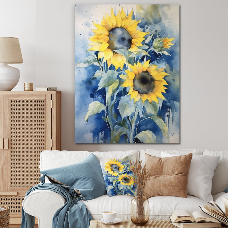 Vibrant Yellow Sunflowers with Blue Background - Stunning Oil Painting