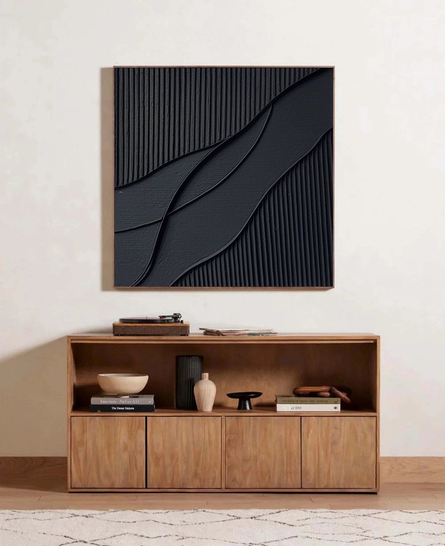 Elegant Black Waves Abstract Oil Painting for Modern Home Decor